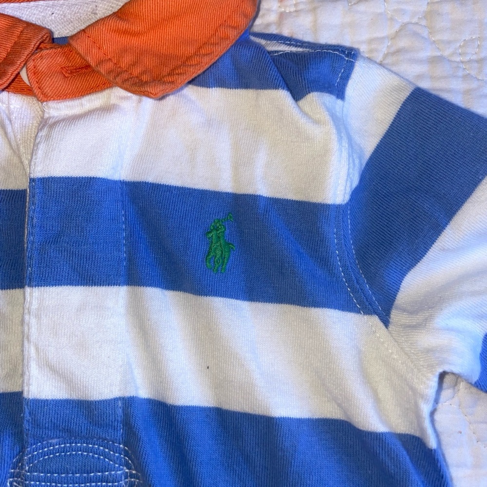 Ralph Lauren Kids Blue & White Striped Polo with Orange Collar